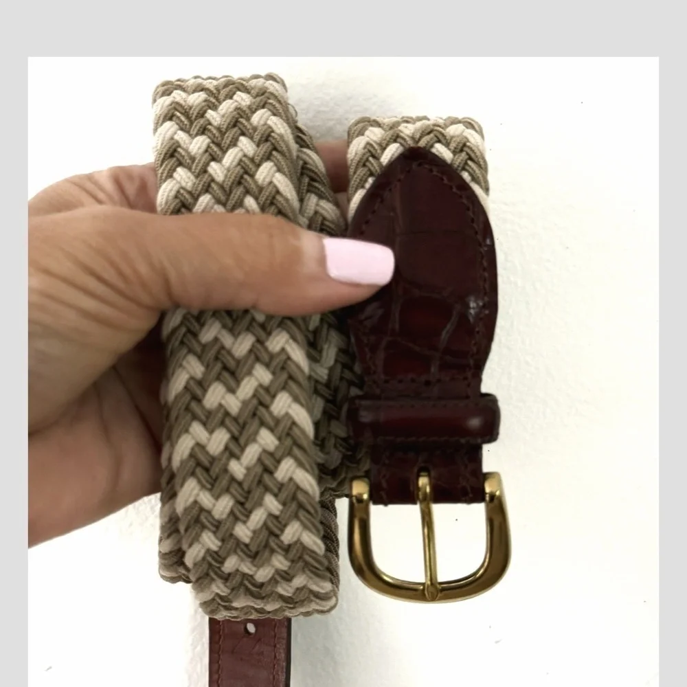 Crookhorn Belt Brown Croc Woven Braided Taupe Cream Brass Buckle Size 44